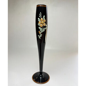 Antique Tiffin Art Deco Black Amethyst Glass 10" Slender Bud Vase Enamel Floral